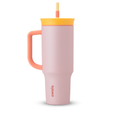 40oz Tumbler in Candy Store, soft blush pink insulated tumbler with coral handle, golden yellow lid, and straw
