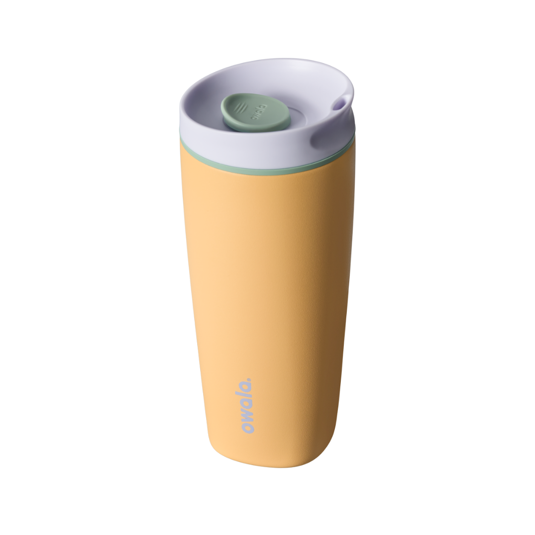 SmoothSip Slider 20oz, golden yellow body with light gray lid and mint green slider button